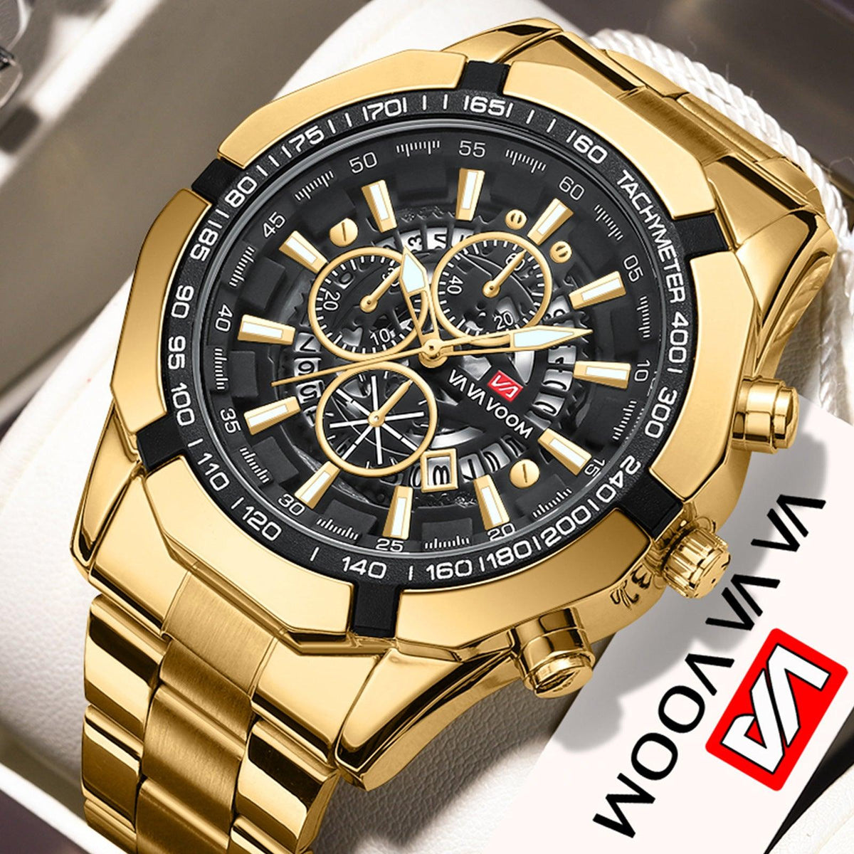 Gold-tone waterproof quartz wristwatch with black dial and metal link bracelet
