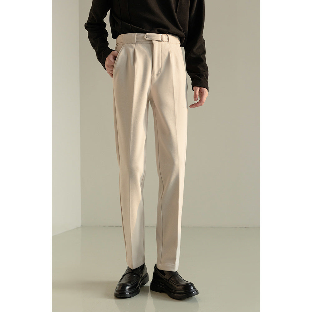 Men's wool suit pants, off-white; straight legs with belt loops
