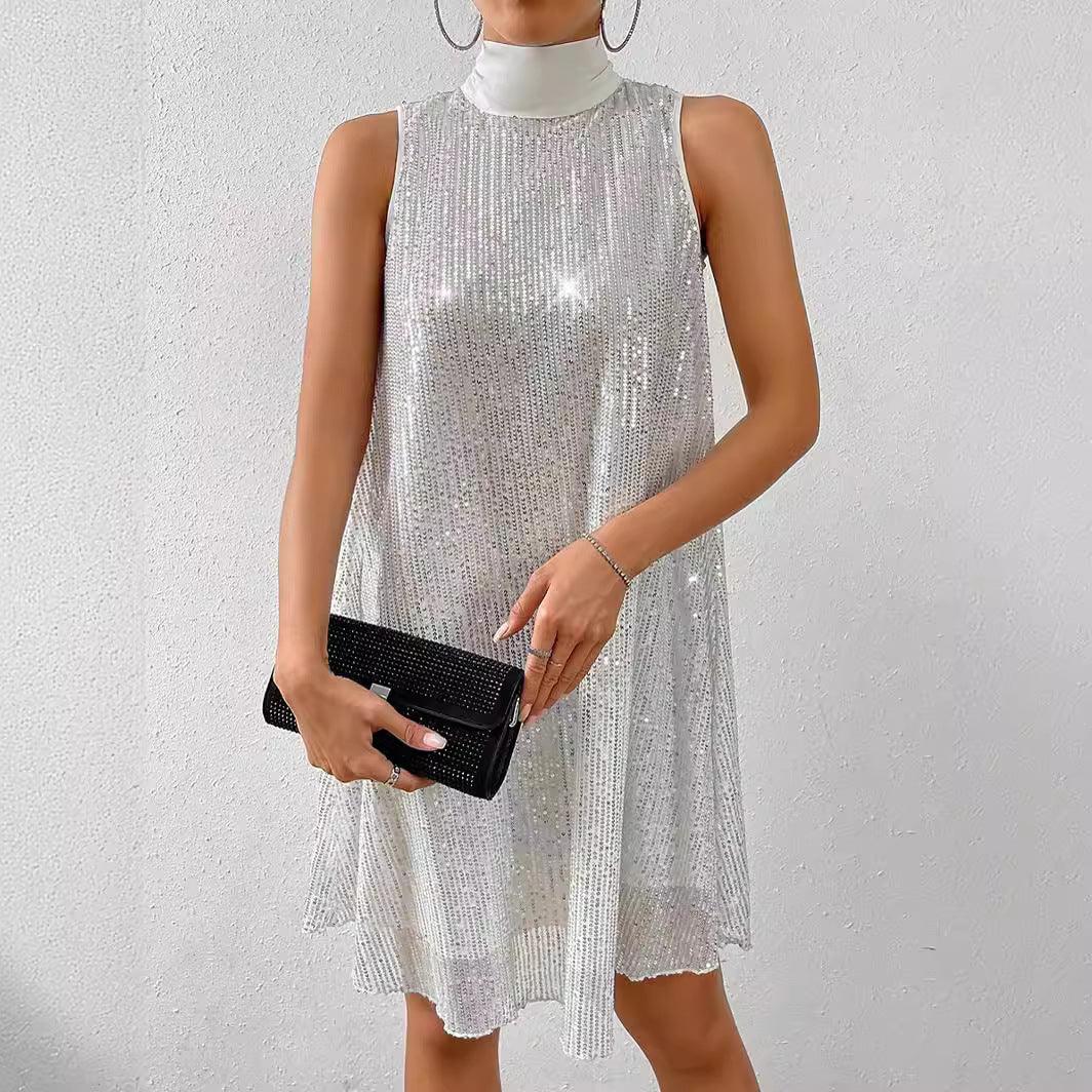 Silver sequin sleeveless pullover dress with high neckline and flared hem
