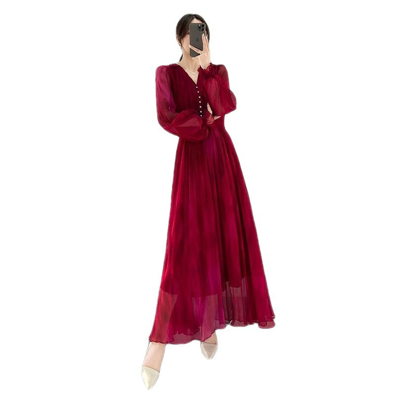 Waist-tight Elegant Lantern Sleeve Beach Vacation Rose Red Dress - WOMONA.COM