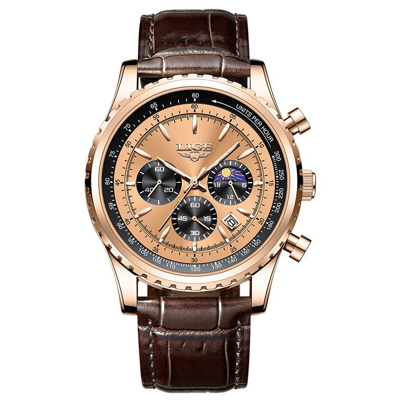 Men's multifunctional waterproof watch with rose-gold case and dark brown leather strap