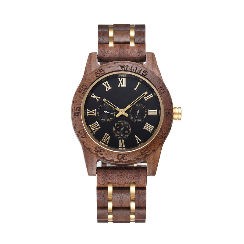 Retro Walnut Gold Multi-functional Men's Quartz Watch - WOMONA.COM