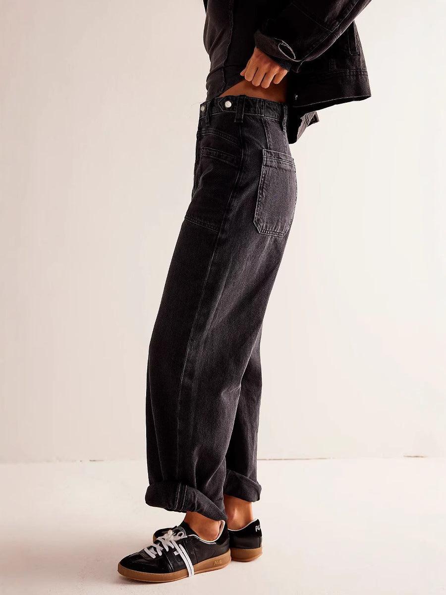 Wide leg women's jeans in dark black wash, straight relaxed fit