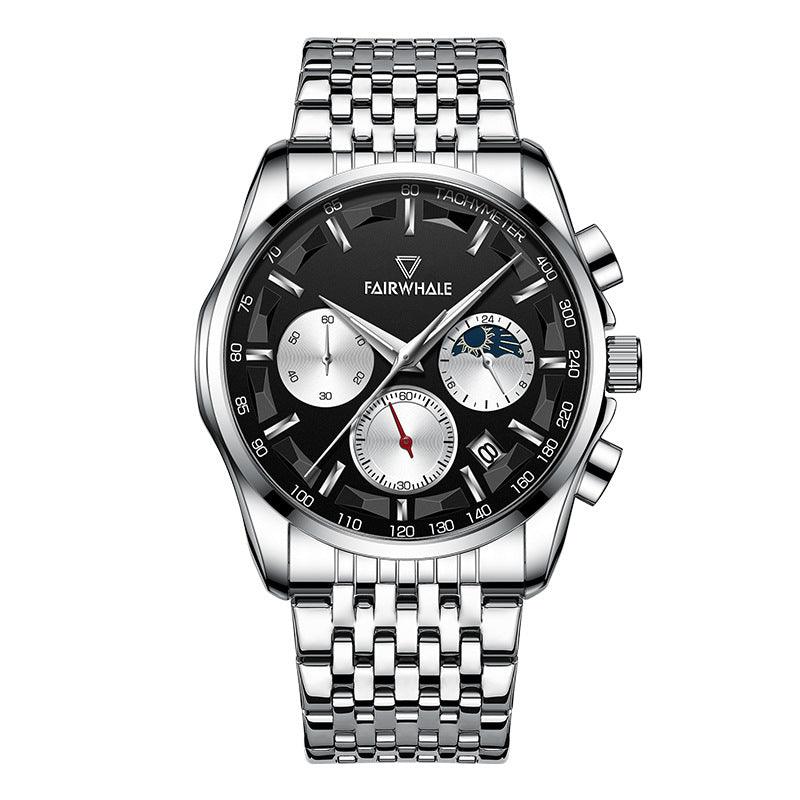 Stainless steel automatic chronograph watch, black dial, metal bracelet