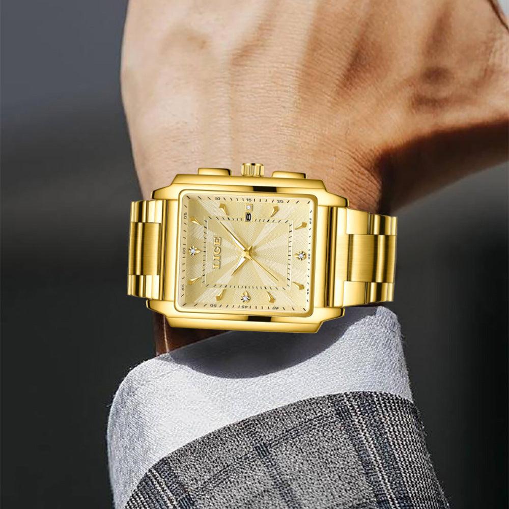 Gold square dial watch with metal bracelet and light patterned face, on a wrist