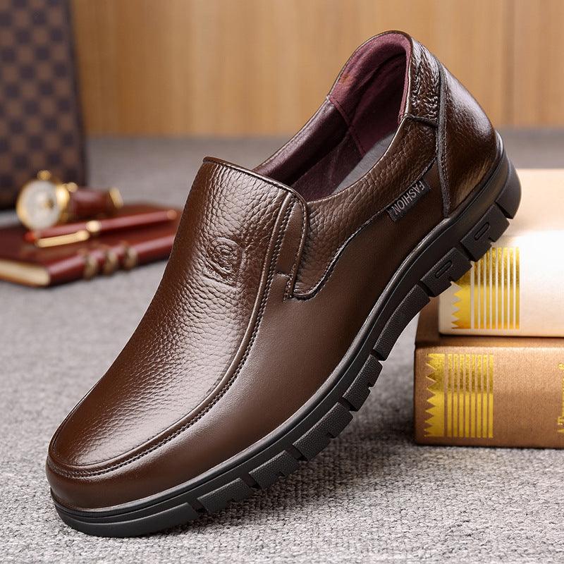 Brown leather slip-on business shoes with side gusset and cushioned sole