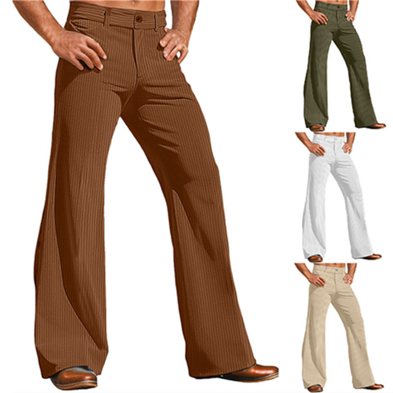 Men's dark brown corduroy wide-leg pants with button waist and front pockets