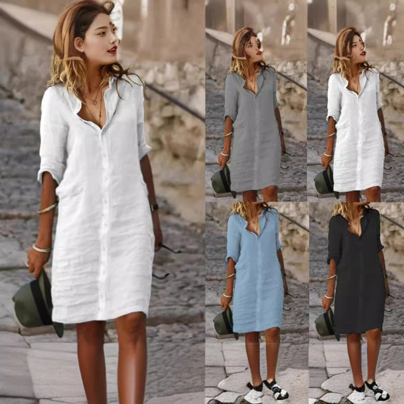 Solid Color Cotton And Linen Shirt Dress - WOMONA.COM