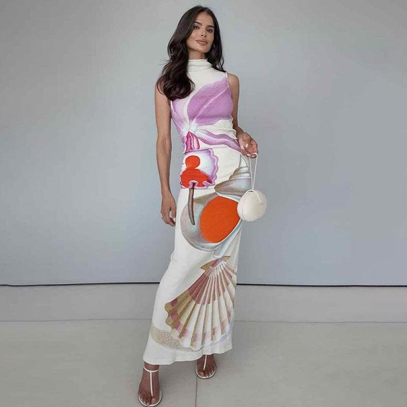 White sleeveless half-turtleneck slim-fit long dress with colorful abstract floral print