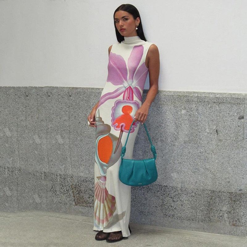 White sleeveless half-turtleneck slim-fit long dress with colorful abstract floral print