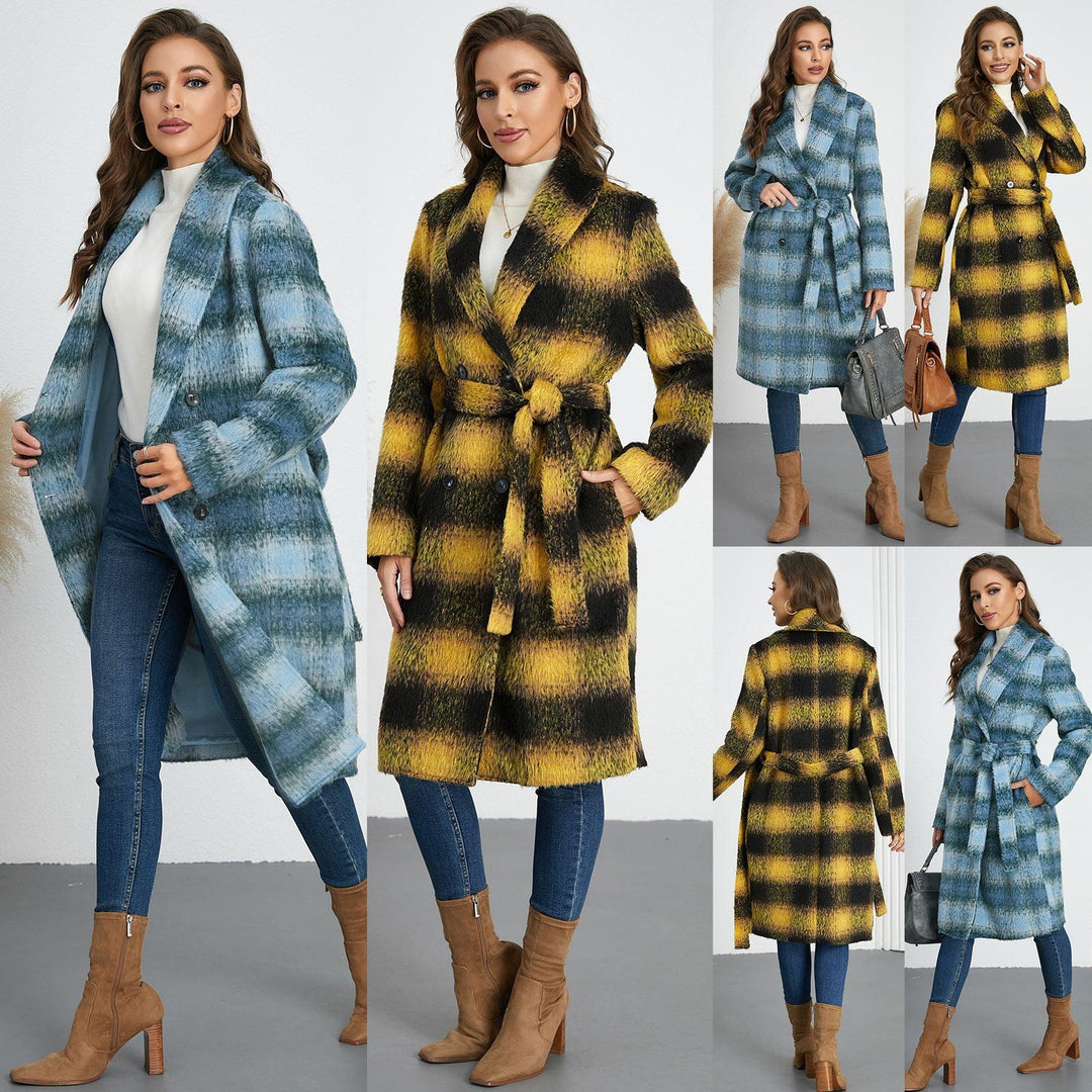 Women's Slim Double-Breasted Plaid Long Coat