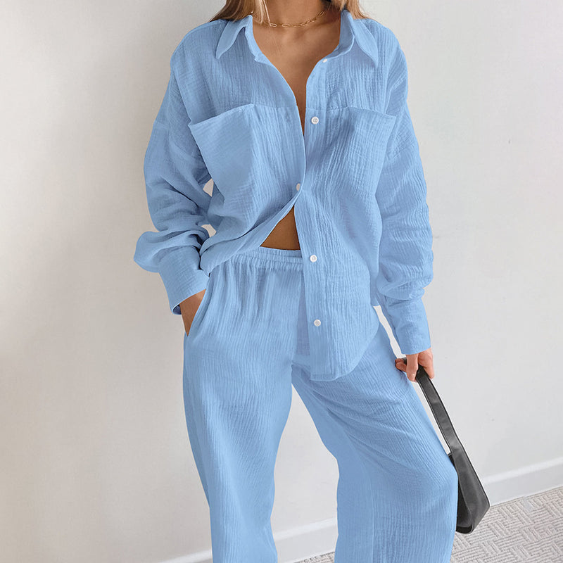 Women's Loose Casual Long Sleeves Shirt High Waist Straight Pants Suit - WOMONA.COM