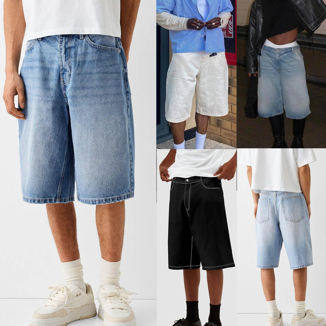 Denim knee-length shorts collage in light blue, black, and white-wash