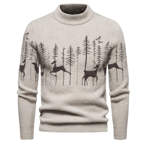 Warm Deer Printed Round Neck Sweater - WOMONA.COM
