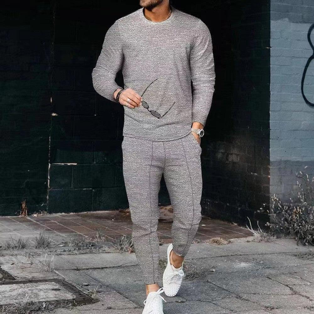 Men's Casual Waffle Long Sleeve Round Neck Suit - WOMONA.COM