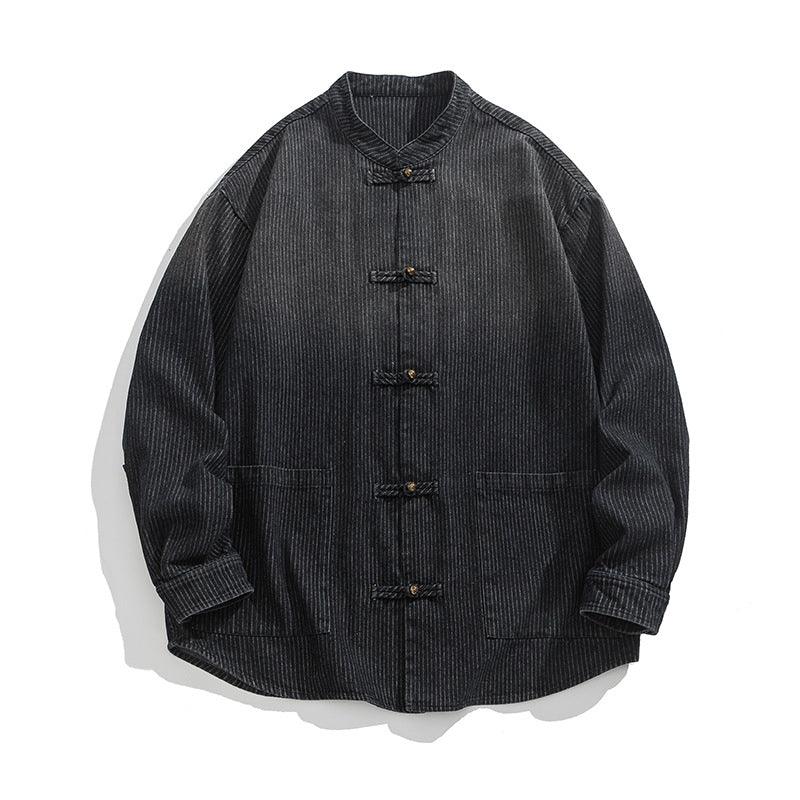 Dark denim coat on a white background, stand collar, button front, chest pockets