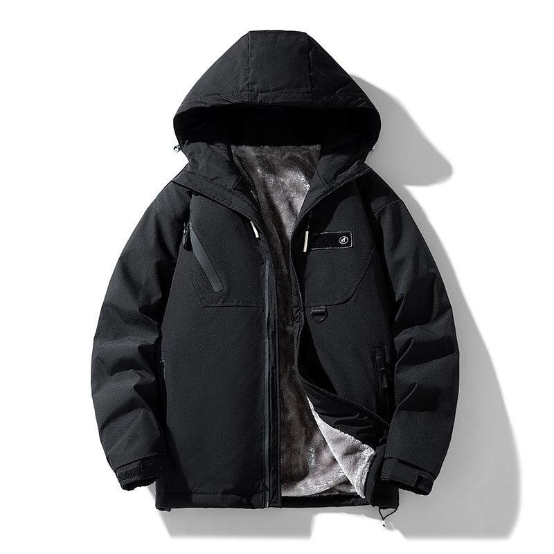 Black padded hooded cotton jacket with front zip, pockets, and plush lining