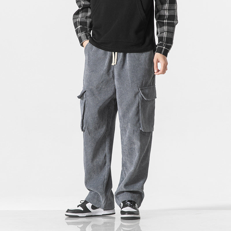 Men's gray corduroy cargo trousers with side cargo pockets and drawstring waist