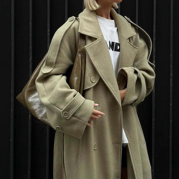 Women's Light Green Lace-Up Waist Long Coat