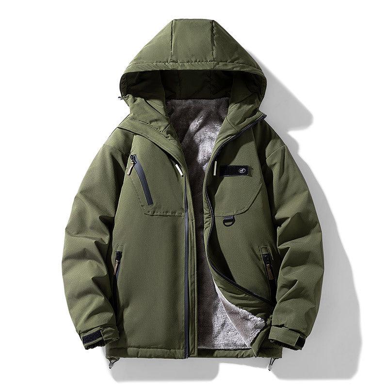 Army green padded hooded cotton jacket with front zip, pockets, and plush lining