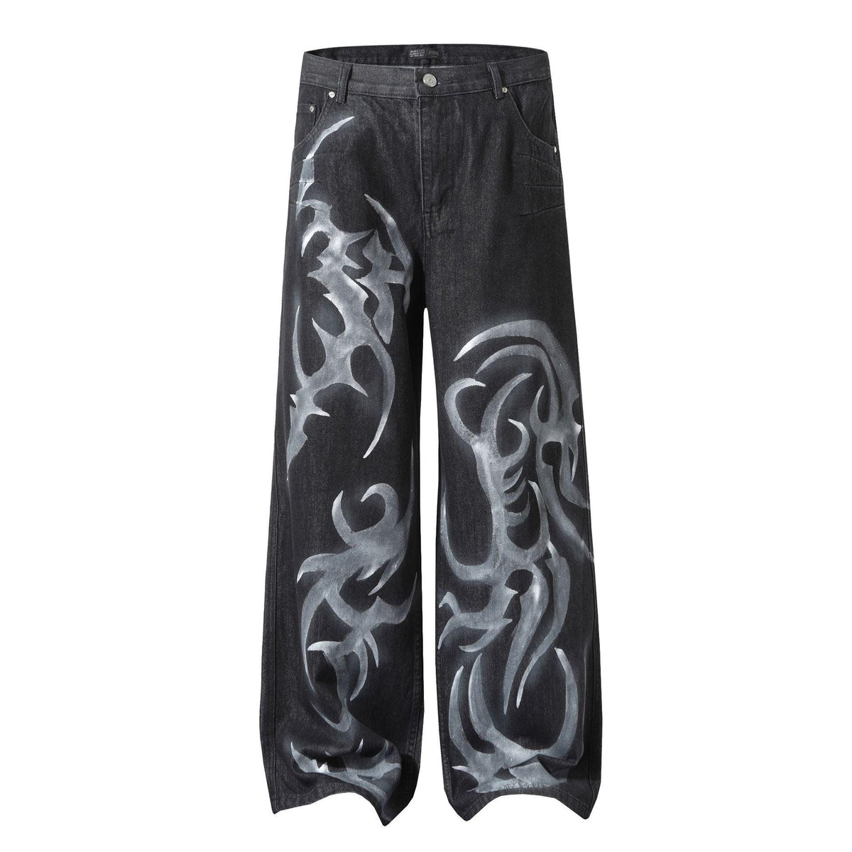 Black street-style loose jeans with bold light-gray flame design on the legs