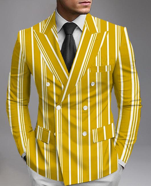 Men's printed suit jacket, yellow and white vertical stripe design with double-breasted buttons