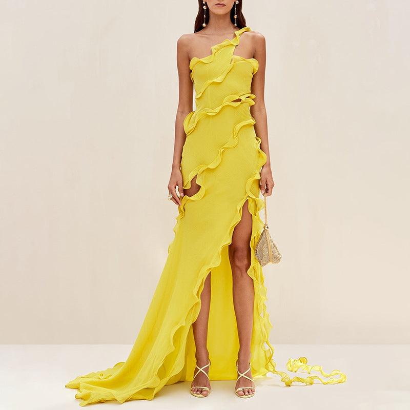 Yellow sleeveless maxi dress with layered ruffle detailing and side slit