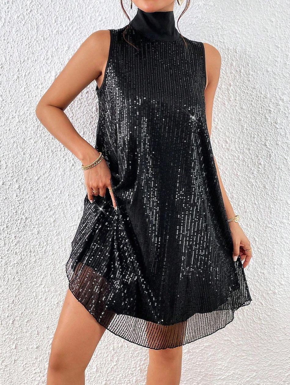 Black sequin sleeveless dress with high neckline and loose flared skirt