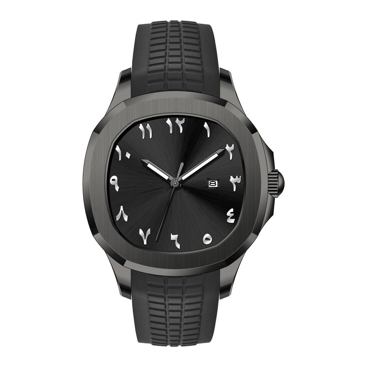 Quartz wristwatch with black dial, black silicone strap, dark gray case
