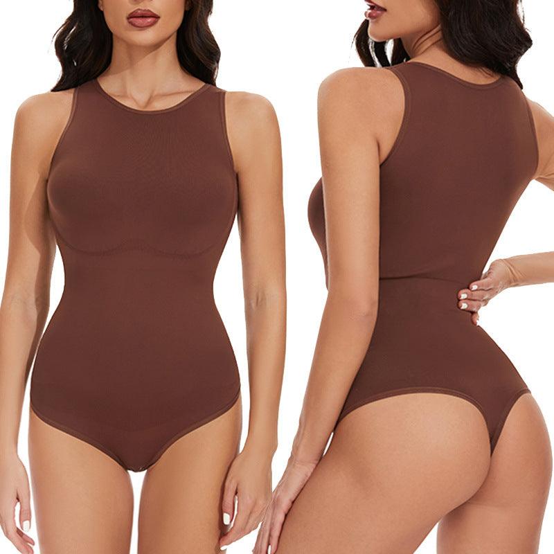 Brown sleeveless one-piece with round neck and high-cut leg openings