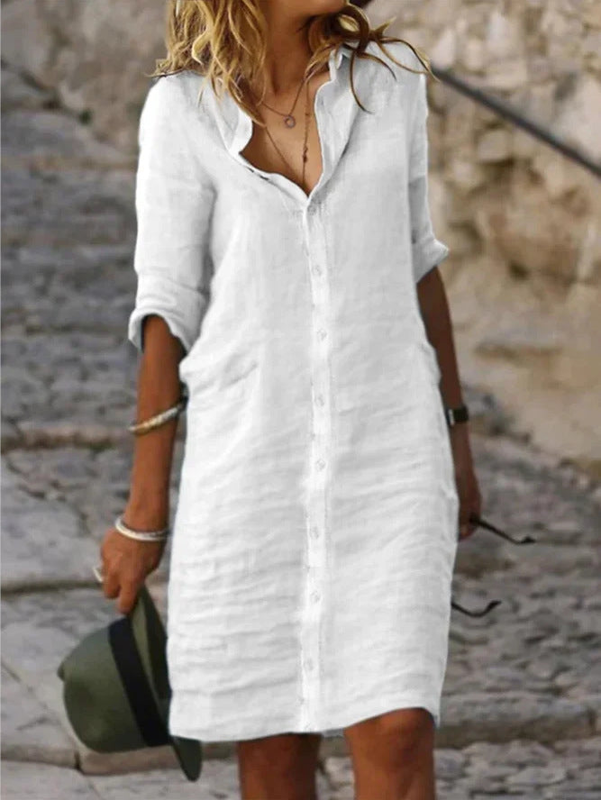 Solid Color Cotton And Linen Shirt Dress - WOMONA.COM