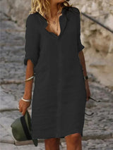 Solid Color Cotton And Linen Shirt Dress - WOMONA.COM