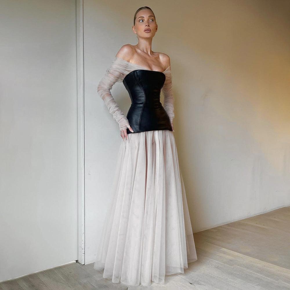 Black PU off-shoulder corset bodice with white tulle long skirt, sheer striped sleeves