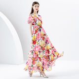 Silver Printing Long Tiered-ruffle Dress - WOMONA.COM