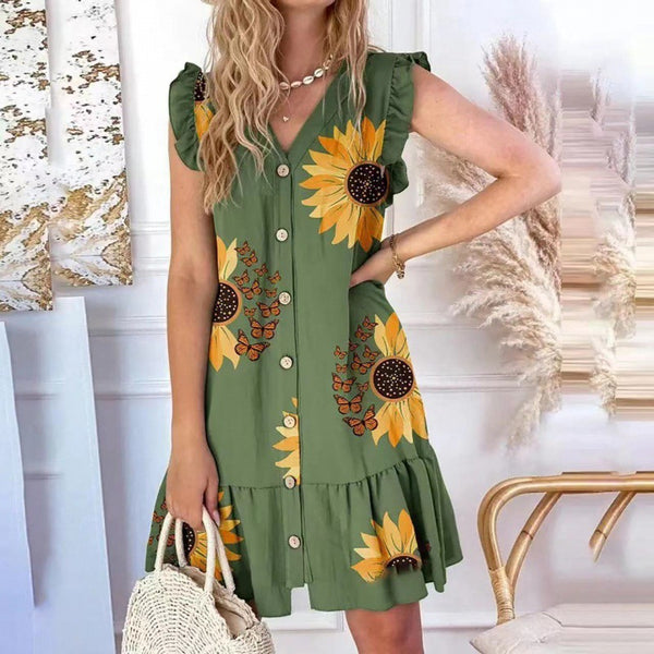 V-neck Loose Print Dress Women - WOMONA.COM