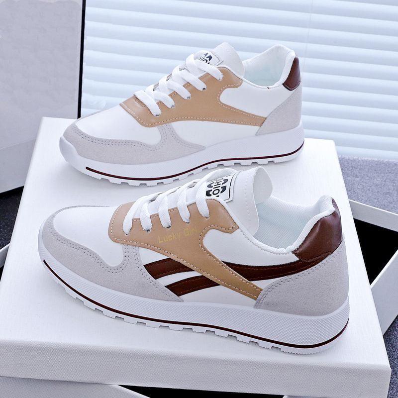 Women's lace-up running sneakers, white with tan and dark brown accents, chunky sole