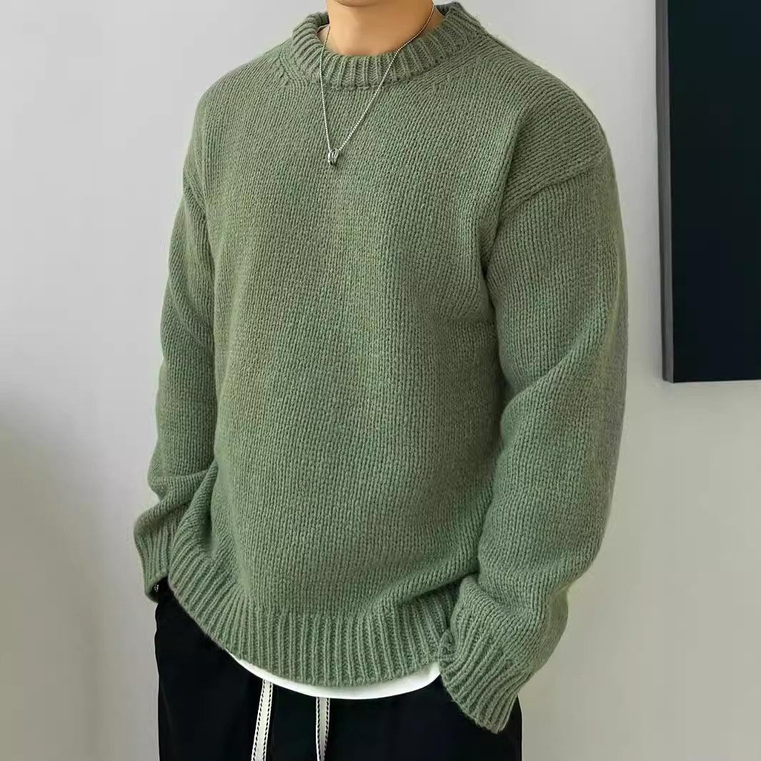 Men's crewneck long-sleeve knit sweater in olive green, ribbed cuffs and hem