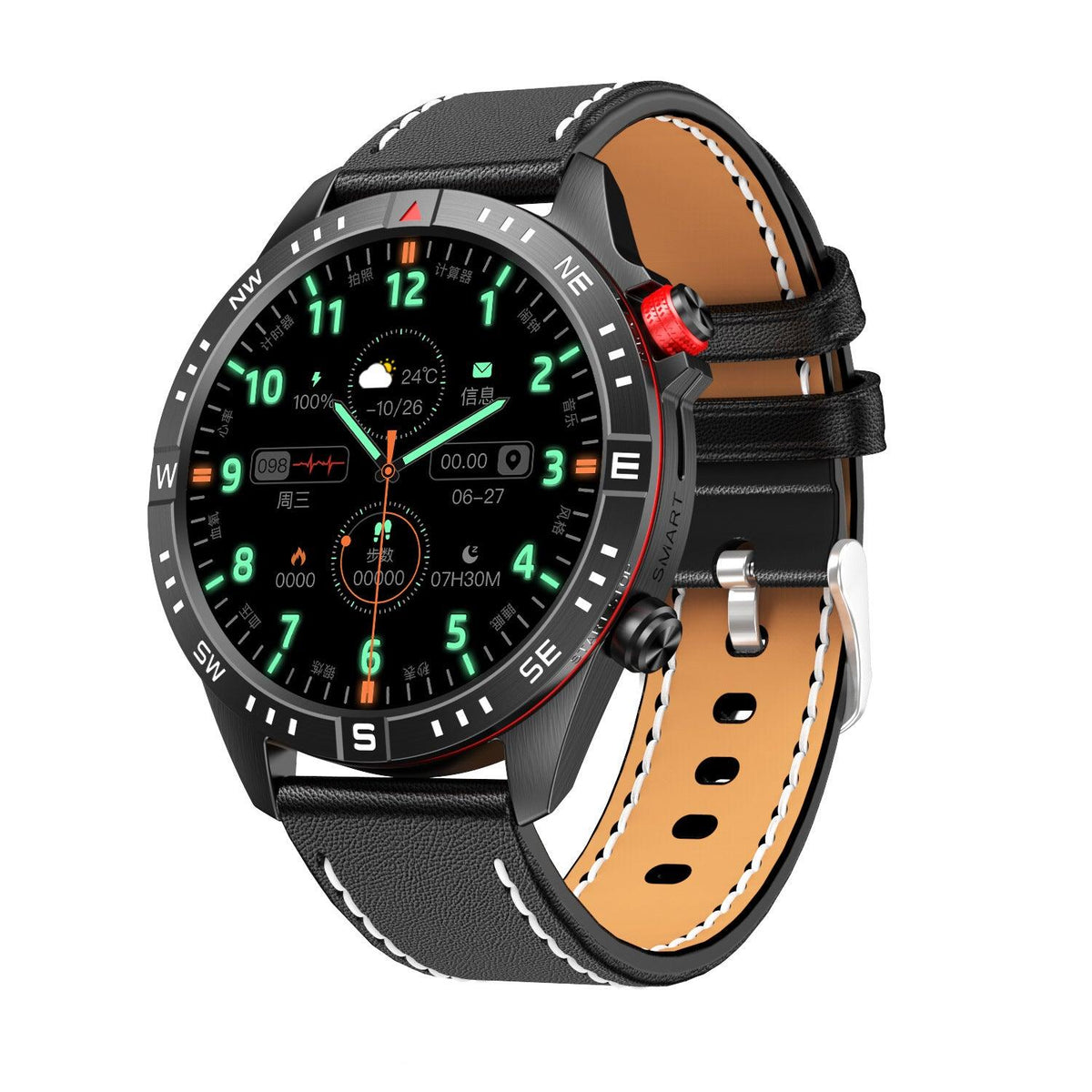 Men's smart watch with black leather strap and silver case, round display with green digits.
