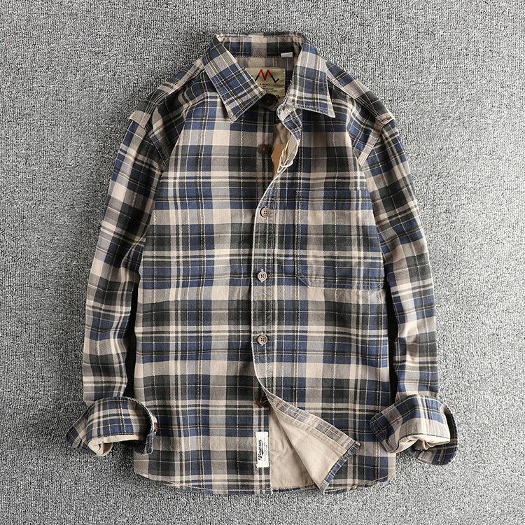 Blue plaid long-sleeve button-up shirt with point collar and chest pocket