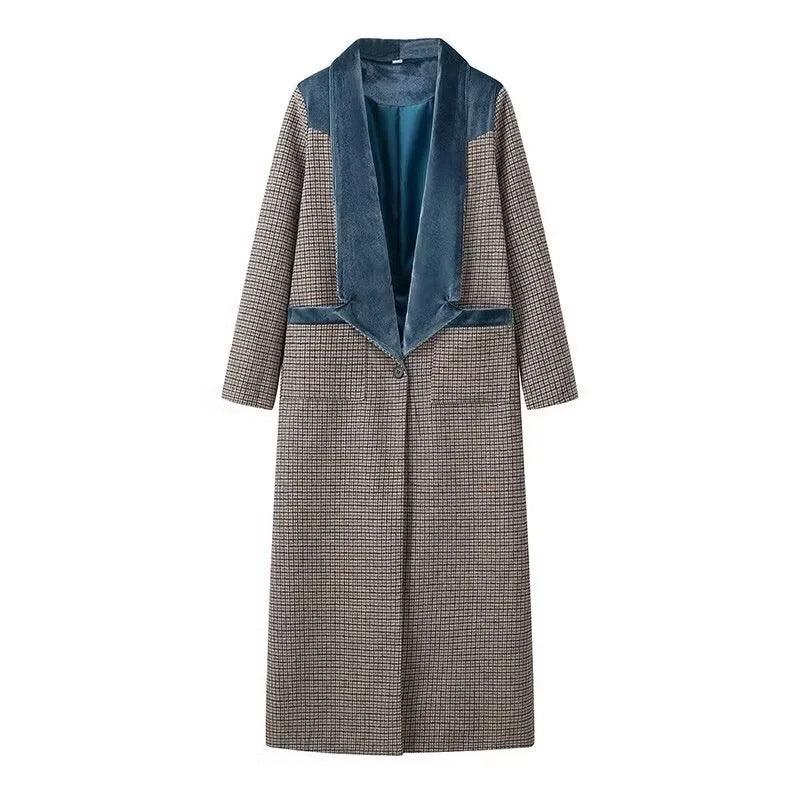 Long women’s plaid wool coat with blue lapel lining and button front