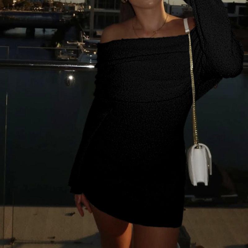 Off-shoulder textured mini dress in black, long sleeves and ruched bodice