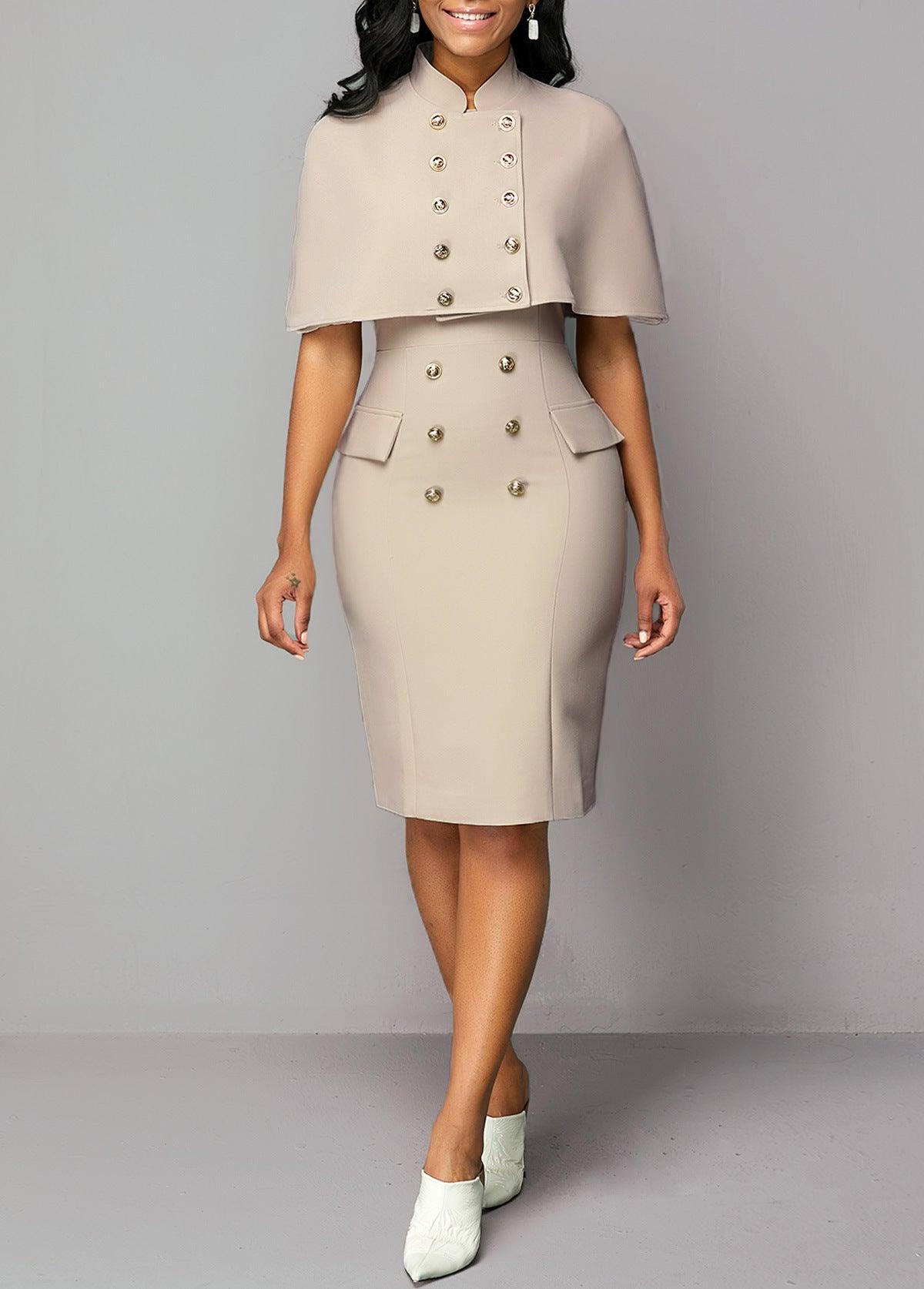Khaki double-breasted jacket & pencil skirt set, front view with gold buttons