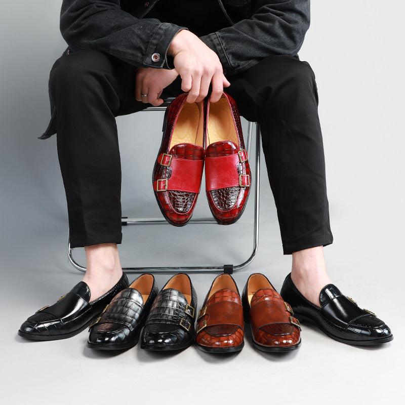 Men's leather loafer shoes display with black, brown, red, and other colors