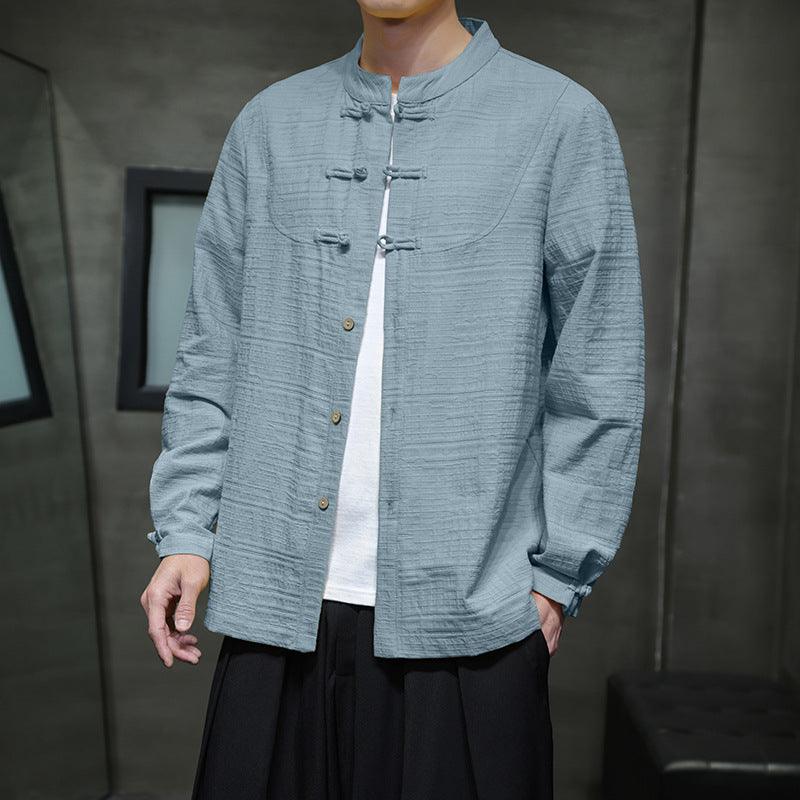 Men’s cotton-linen Chinese Tang shirt, light blue, frog-button placket, stand collar.