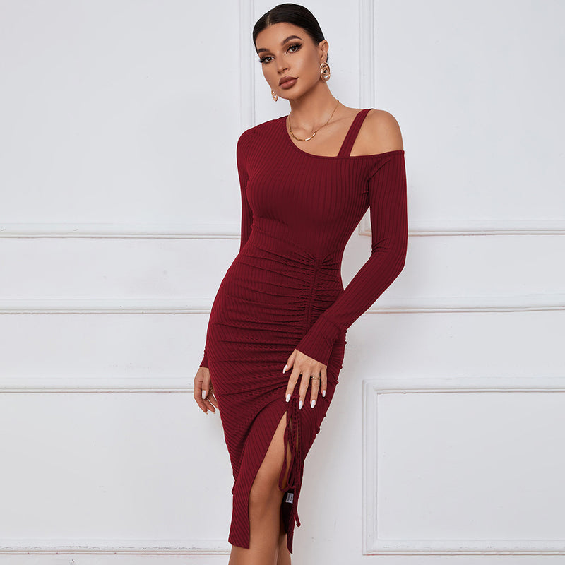 Women's Split Off-shoulder Sheath Long Sleeve Dress - WOMONA.COM