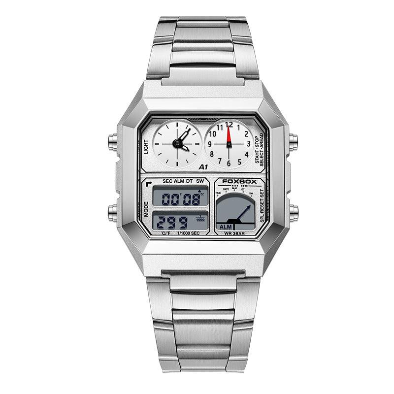 Silver sports chronograph watch with white dial, dual LCD screens, metal link bracelet