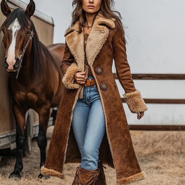 Front view brown suede western coat with tan sherpa collar and double button front