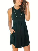 Round Neck Sleeveless Vest Pocket Dress - WOMONA.COM