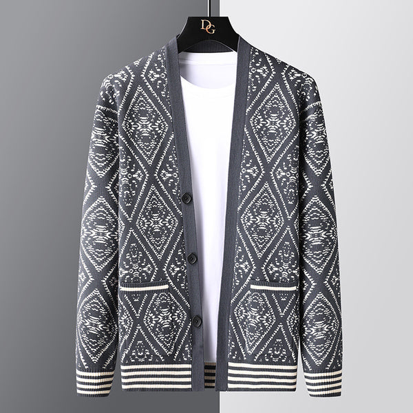 New Jacquard Cardigan V-neck Sweater Men