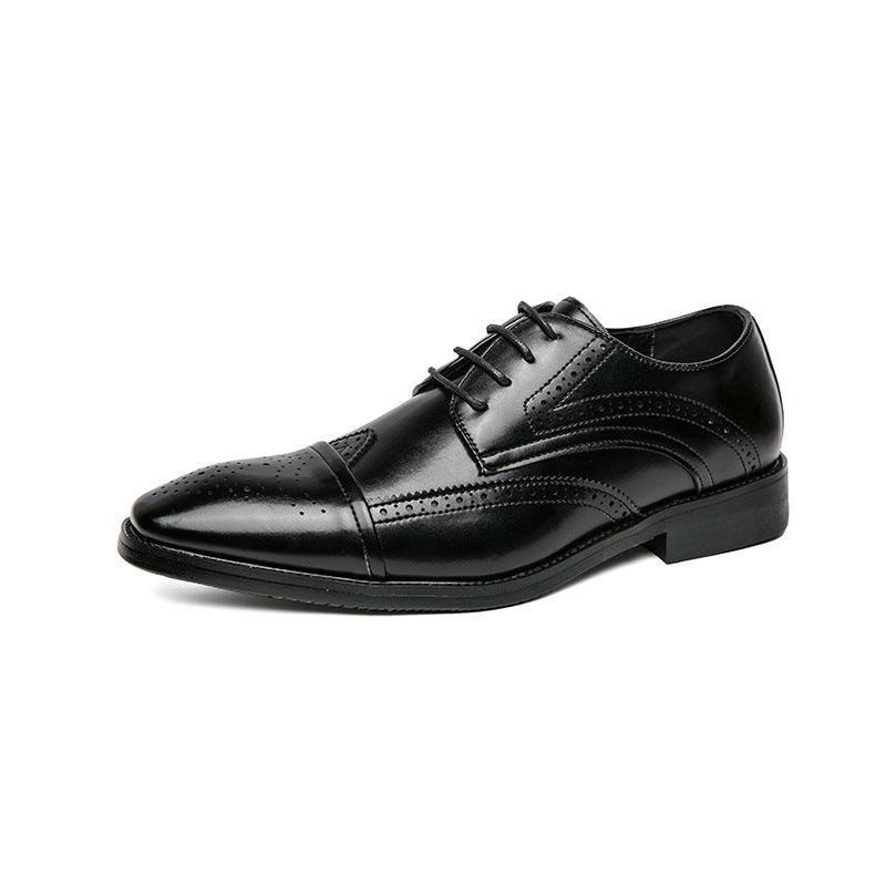 Black low-top leather lace-up shoe with perforated toe and side panel stitching